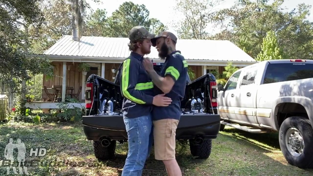 Redneck buds flip fuck after work on their truck watch online