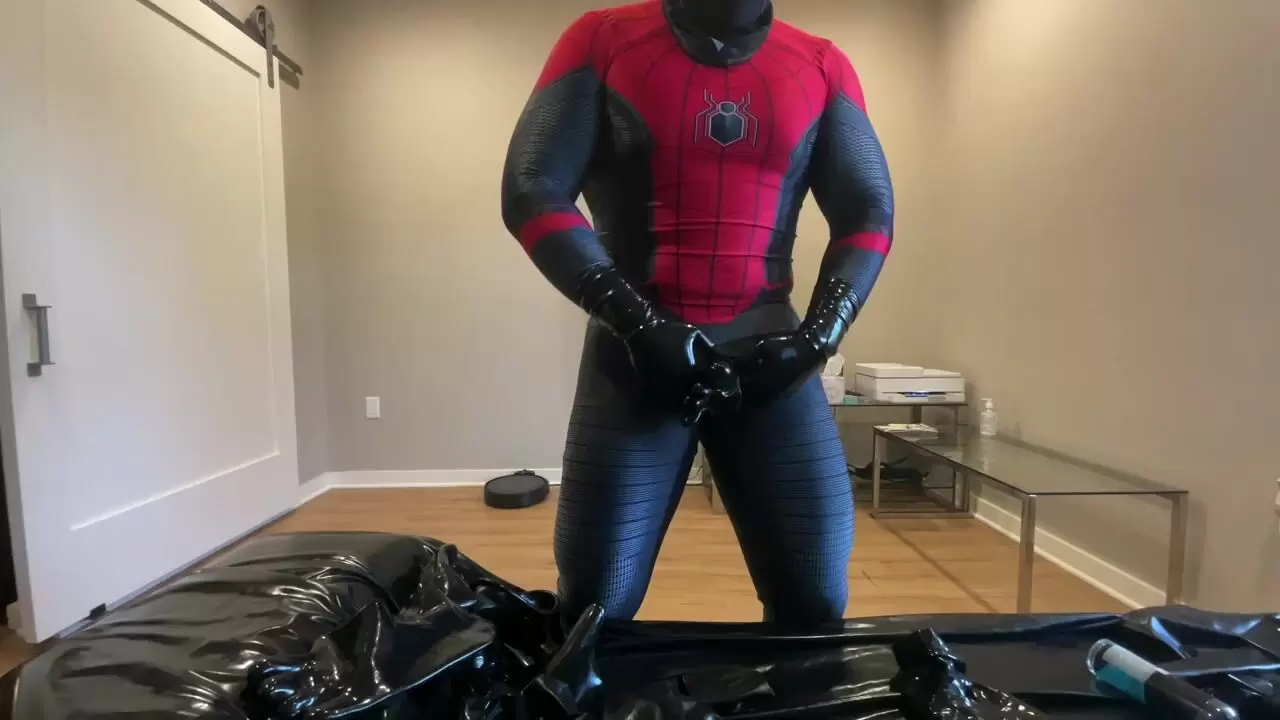 Cum On Rubber - Rubber Spiderman cum in the rubber toesock at Gay0Day