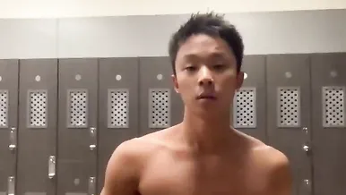 Asian boy plays with dildo at Gym at Gay0Day