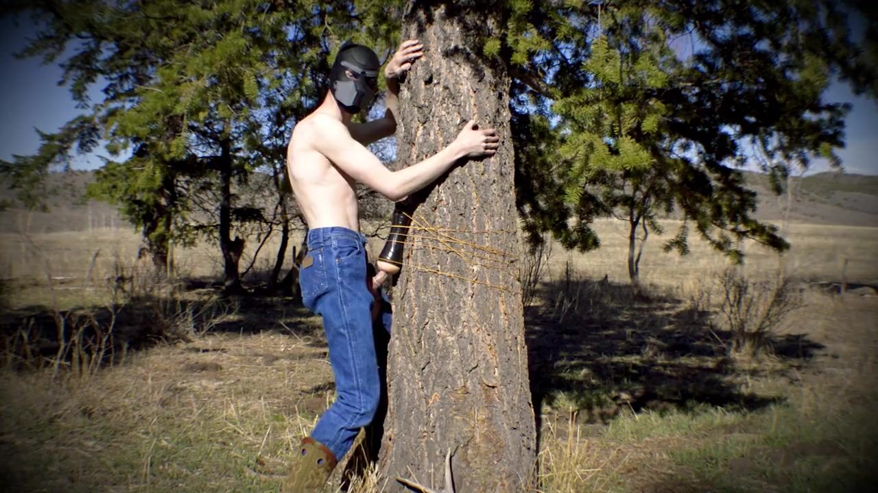 Fodendo uma árvore com um brinquedo sexual amarrado a ele em uma máscara doggy vê online